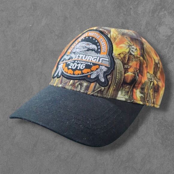 Y2K Sturgis All over print Biker Hat With Skull Hot Leather - Picture 1 of 8